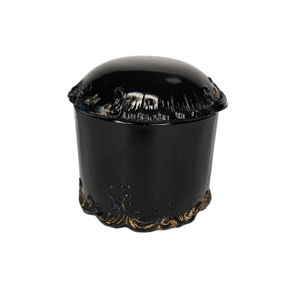 Antique Victorian Black Glass Vanity Powder Lidded Jar With Gold Trim Cottage